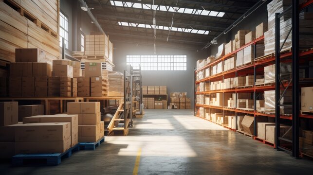 Illustration warehouse interior featuring shelves, pallets, and boxes