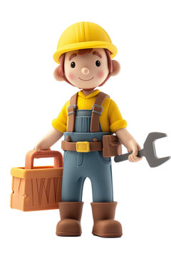 3d cartoon of repair man or mechanic figurine with tools standing isolated on transparent background png files