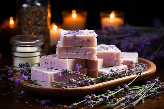 Lavender aroma soap cut and lying on a wooden board with fresh lavender flowers, aromatherapy with lavender flowers.