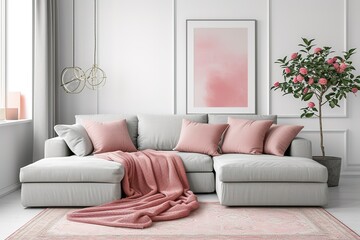 Grey sofa with pink pillows and blanket against white wall with abstract art poster. Interior design of modern living room. Created with