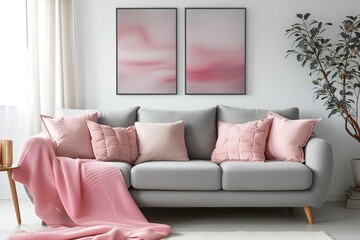 Grey sofa with pink pillows and blanket against white wall with abstract art poster. Interior design of modern living room. Created with