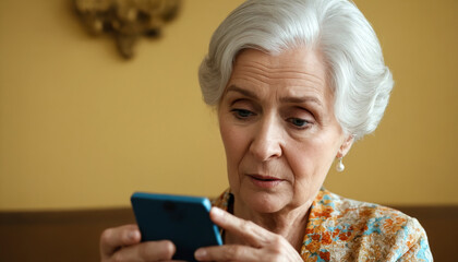 An elderly woman looks sadly at her smartphone screen