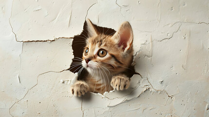 copy space cute cat coming out of cracked wall hole