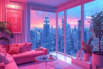 Illustration of a cozy modern high rise penthouse apartment in New York with a cityscape view. The pink interior design is relaxing. - obrazy, fototapety, plakaty