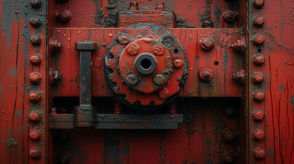 Fototapeta na wymiar red machine engine It emphasizes the complex network of gears, cogs, and cogs that are essential components in operations.
