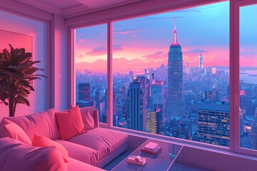 Fototapeta na wymiar Illustration of a cozy modern high rise penthouse apartment in New York with a cityscape view. The pink interior design is relaxing.