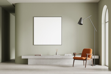 Fototapeta premium Elegant home relax room interior with armchair and decoration, mockup frame