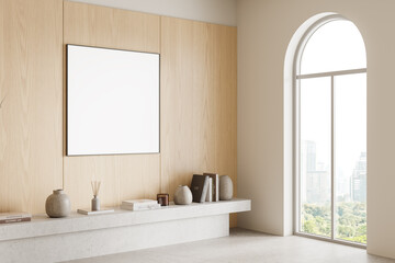 Wooden home living room interior shelf and decoration, window and mockup frame © ImageFlow