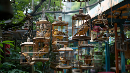 Birds in Cages Hanging at the Bird Garden and Market, Traditional Bird Market Scene with Colorful Aviary, Exotic Bird Species for Sale, Cultural Tourism Concept, Generative AI

