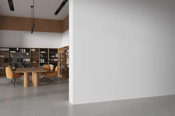 Gardinen Modern office meeting room interior with table and chairs, shelf and mockup wall © ImageFlow