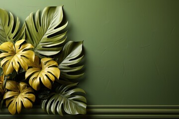 Green monstera leaves on a green background with copy space, mockup for advertising.