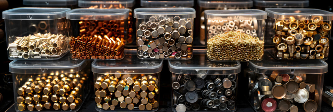 Organized Assortment of Brass and Metal Fasteners ,
Screws, bolts, nuts and other carpenter stuff in a plastic toolbox (hardware organizer). flat lay top view