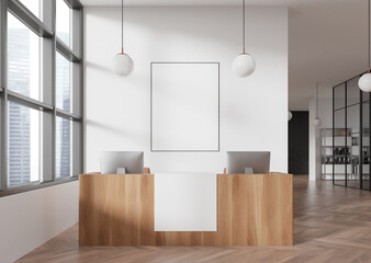 Stylish reception interior pc computers and panoramic window, mock up frame