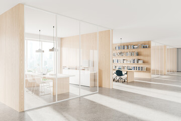 White and wooden office hall with CEO office