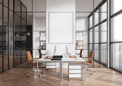 Stylish office business room interior coworking and window. Mockup frame