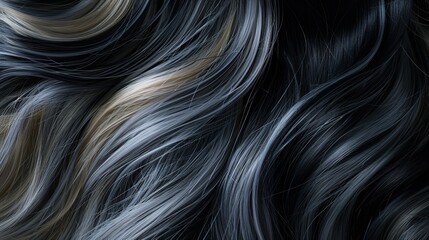 Closeup black hair female treatment shiny hairstyle - obrazy, fototapety, plakaty