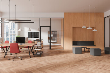 Beige open space office interior with waiting room