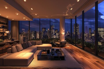 Living room with a view: Illustrate a luxurious living room in a penthouse with floor-to-ceiling windows offering a stunning view of the city skyline at night. - obrazy, fototapety, plakaty