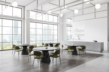 Luxury cozy cafe interior with eating tables in row, bar island near window