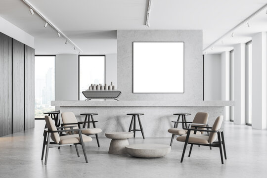 White restaurant interior with bar and poster