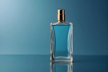 A stunning perfume bottle set against a blue backdrop, Blank for advertisement
