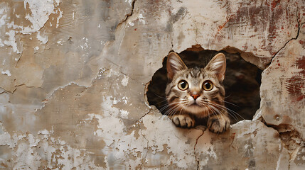 copy space cute cat coming out of cracked wall hole
