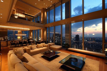 Living room with a view. A luxurious living room in a penthouse with floor-to-ceiling windows offering a stunning view of the city skyline at night. - obrazy, fototapety, plakaty