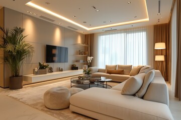 Luxury apartment suite lounge. Luxury beige modern hotel bedroom. Modern living room design. Penthouse modern living room in the style of contemporary.