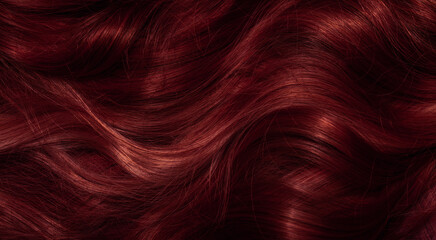 Dark red hair close-up as a background. Women's long brown hair. Beautifully styled wavy shiny...