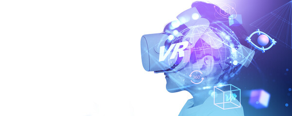 Child in vr glasses silhouette with virtual reality icons. Copy space