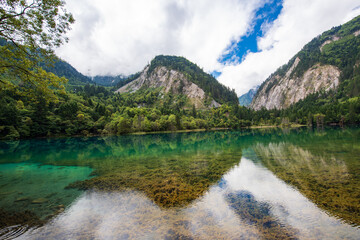 Beautiful view of the blue lake of Wolong Sea in Jiuzhaigou, Sichuan, China