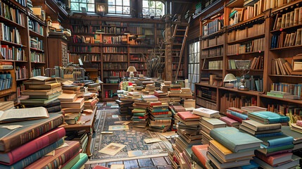 Old Library or Bookshop with Abundant Books on Shelves - obrazy, fototapety, plakaty