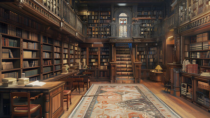 Old Library or Bookshop with Abundant Books on Shelves - obrazy, fototapety, plakaty