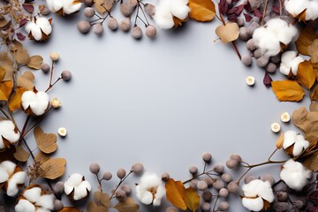 Fototapeta na wymiar Frame of branches, cotton flowers, dry leaves on pastel gray background, Autumn, fall concept, Flat lay, top view, copy space.