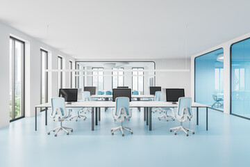 Modern office interior with coworking and meeting room, panoramic window