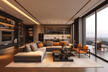 Luxury penthouse living room interior - obrazy, fototapety, plakaty