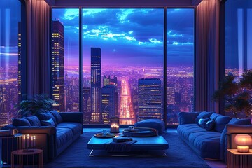 Luxury penthouse living room with a night city view. illustration. - obrazy, fototapety, plakaty