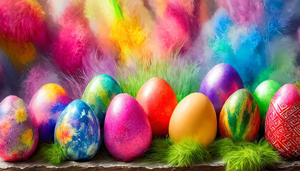 Background with colorful easter eggs and feathers for Easter day poster