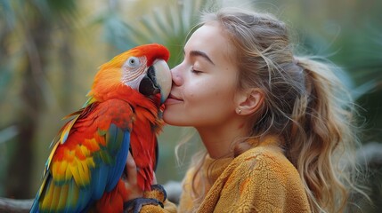 Woman Kissing Parrot on Cheek