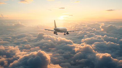Passenger Airplane Flying in the Sky Above the Clouds - obrazy, fototapety, plakaty