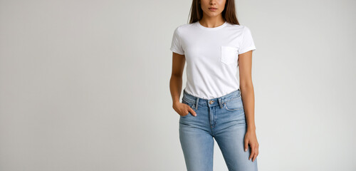 A girl in a white T-shirt and jeans stands on a light background