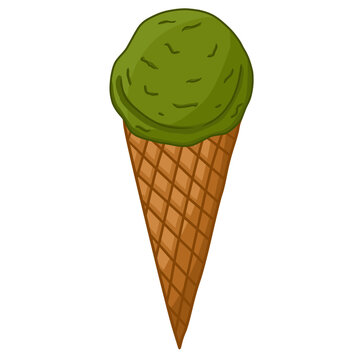 Ice cream matcha scoop on waffle cone. Green tea Matcha ice cream.