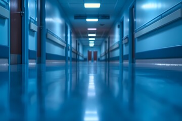 blur image background of corridor in hospital or clinic in blue theme