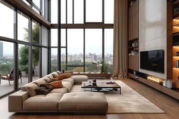 Modern living room interior in a penthouse with huge windows. Designed using. - obrazy, fototapety, plakaty