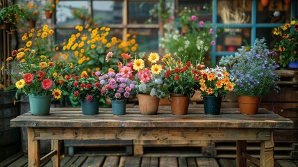 Wooden Table Covered With Colorful Flowers