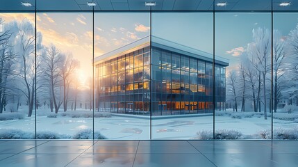 office building with aluminum and glass facade, winter nature in background, realistic