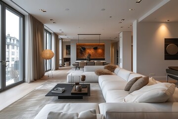 Naklejka na ściany i meble Modern luxury spacious penthouse living room interior design with comfortable sofa, coffee table