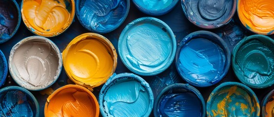  a close up of a bunch of different colors of paint on a table with one of the colors blue, yellow, orange, and white.