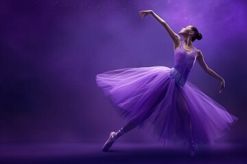 Beautiful ballerina in a purple dress on a dark background, Vector illustration, ballet tiptoe dancing - obrazy, fototapety, plakaty