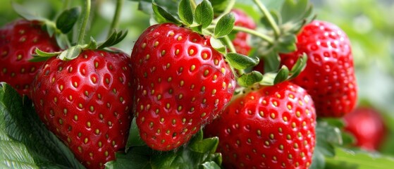  a close up of a bunch of strawberries on a branch with green leaves on the outside of the frame.